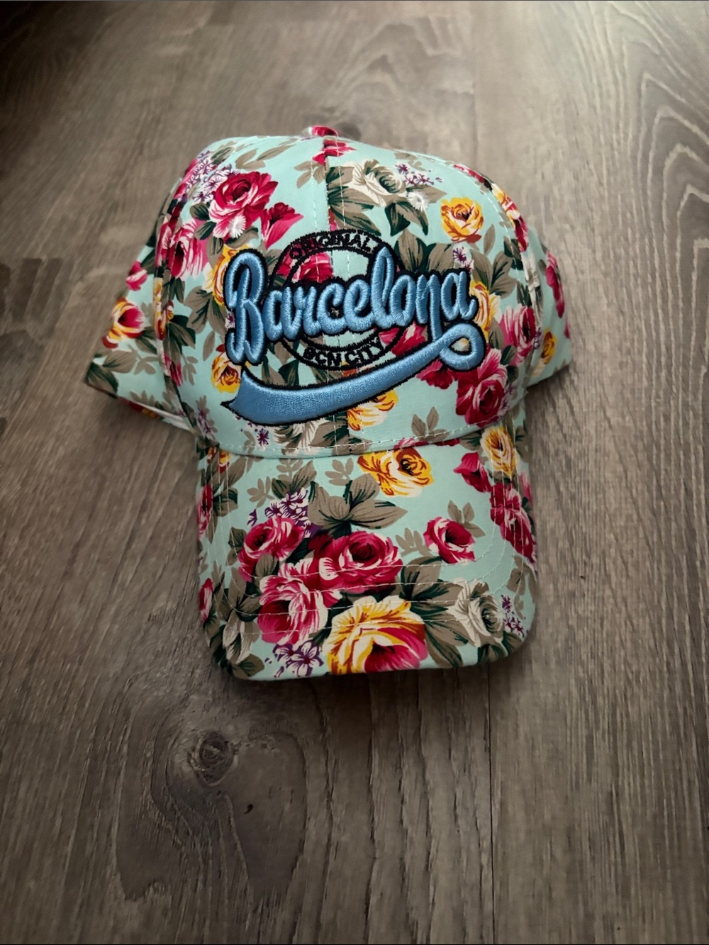 Barcelona Floral Baseball Cap - Aqua Background. Never worn.